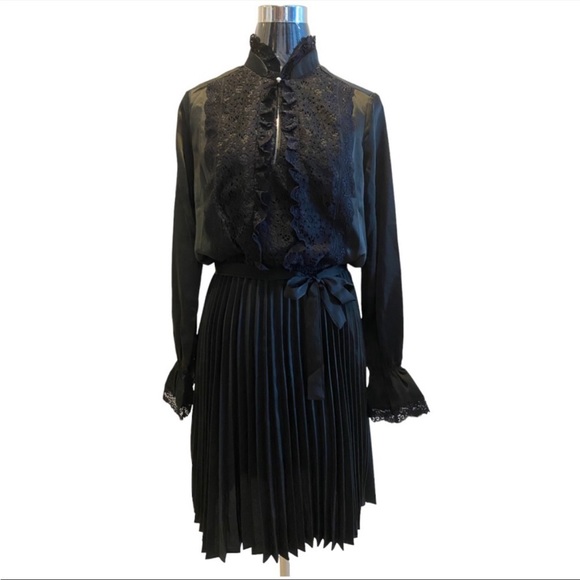 Victorian Goth High-necked Pleated Satin Black Party Dress by Moves - Picture 2 of 14